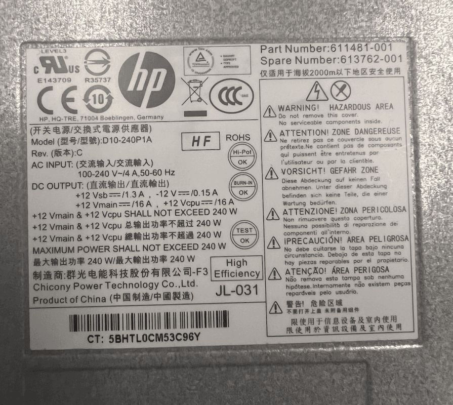 Блок Питания HP 613762-001 240W