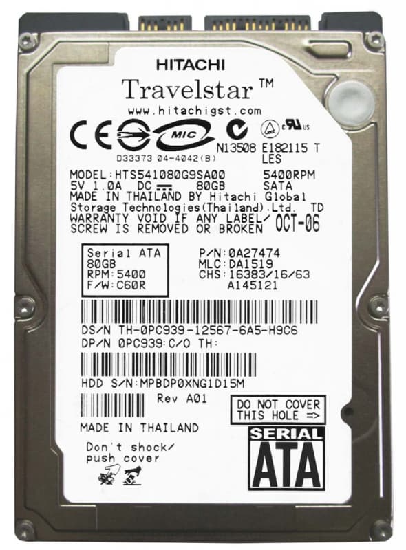 Жесткий диск Hitachi HTS541080G9SA00 80Gb 5400 SATA 2,5" HDD