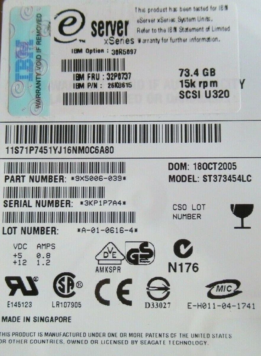 Жесткий диск  IBM 73,4Gb 15000 U320SCSI 3.5" HDD 9X5006-039