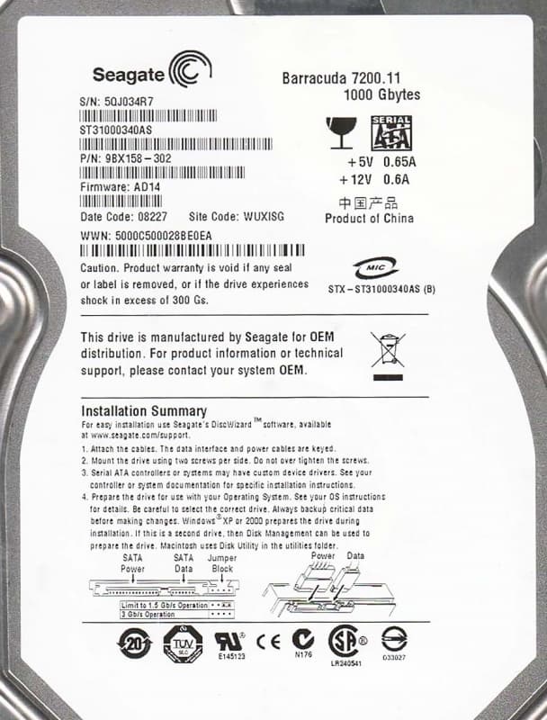 Жесткий диск Seagate ST31000340AS 1Tb  SATAII 3,5" HDD