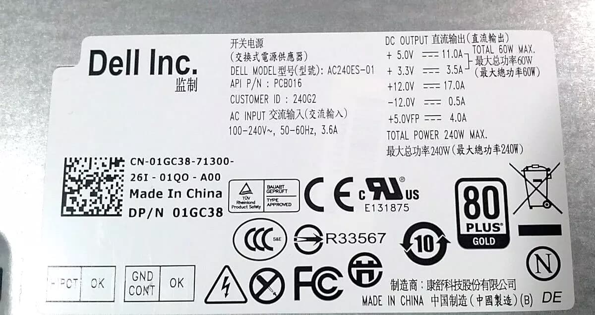 Блок Питания Dell 01GC38 240W