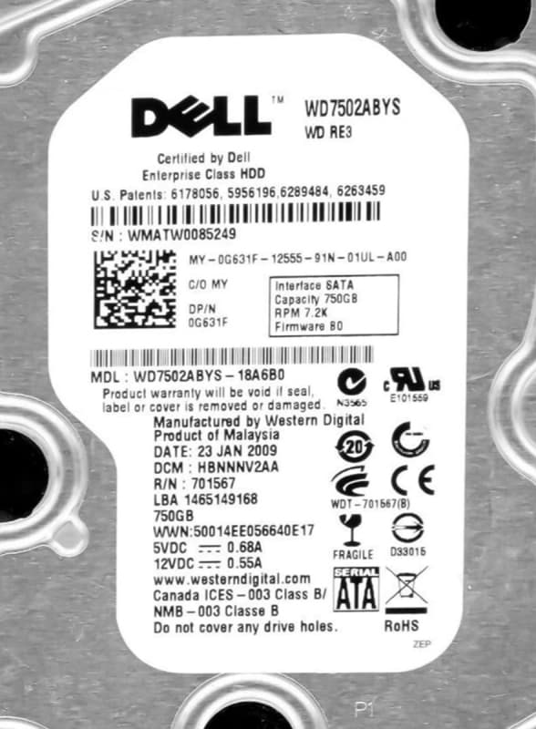 Жесткий диск Dell WD7502ABYS-18A6B0 750Gb  SATAII 3.5" HDD