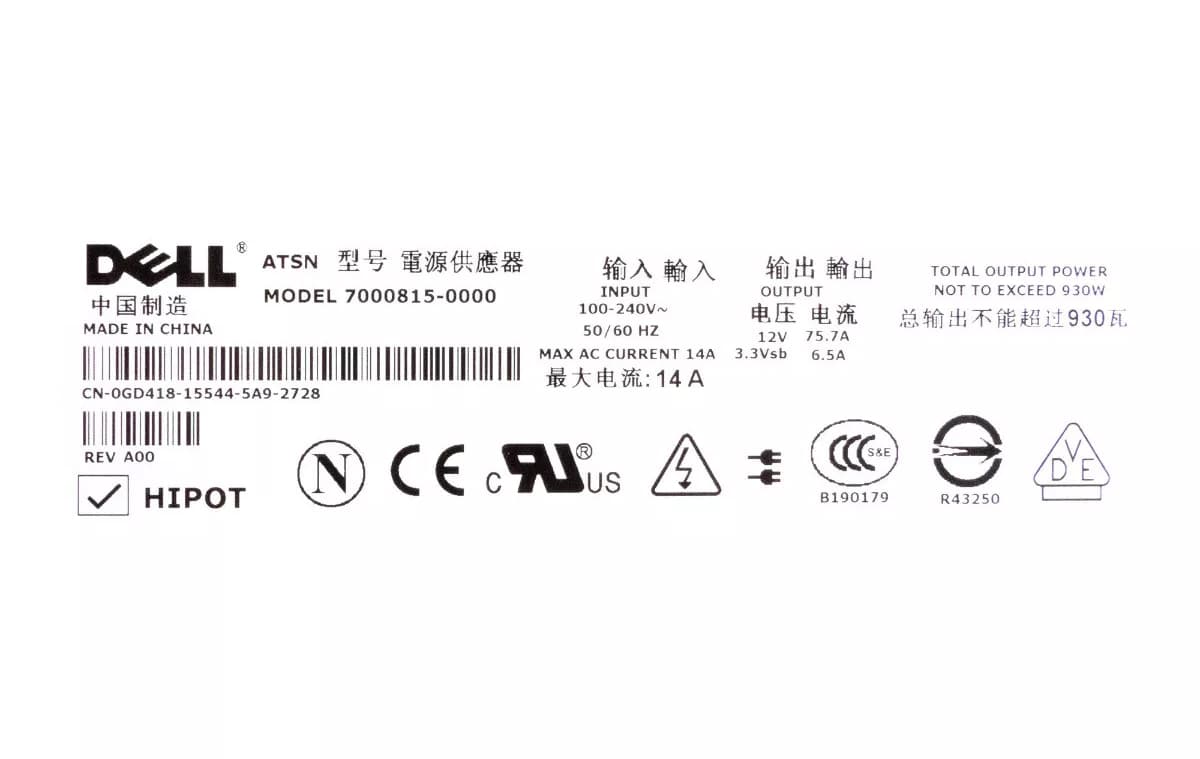 Резервный Блок Питания Dell GD418 930W