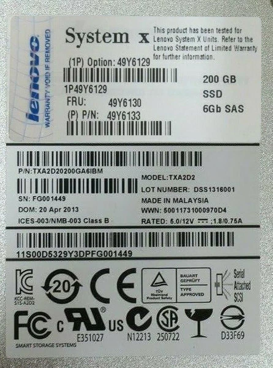 Жесткий диск IBM 200Gb  SAS 2.5" SSD 49Y6129