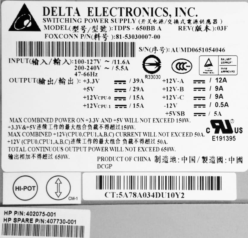 Блок Питания HP 407730-001 650W