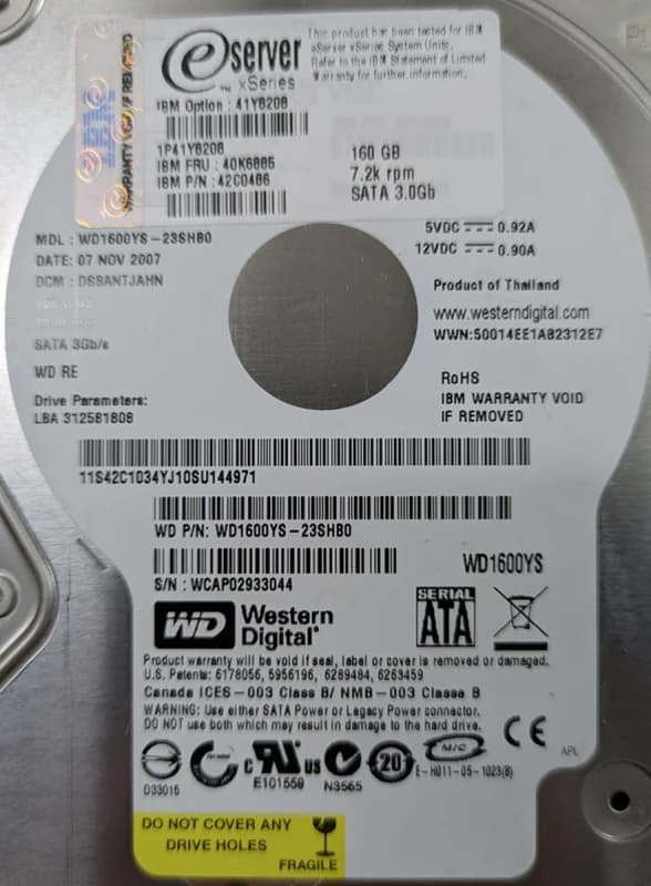 Жесткий диск IBM WD1600YS-23SHB0 160Gb SATAII 3,5" HDD