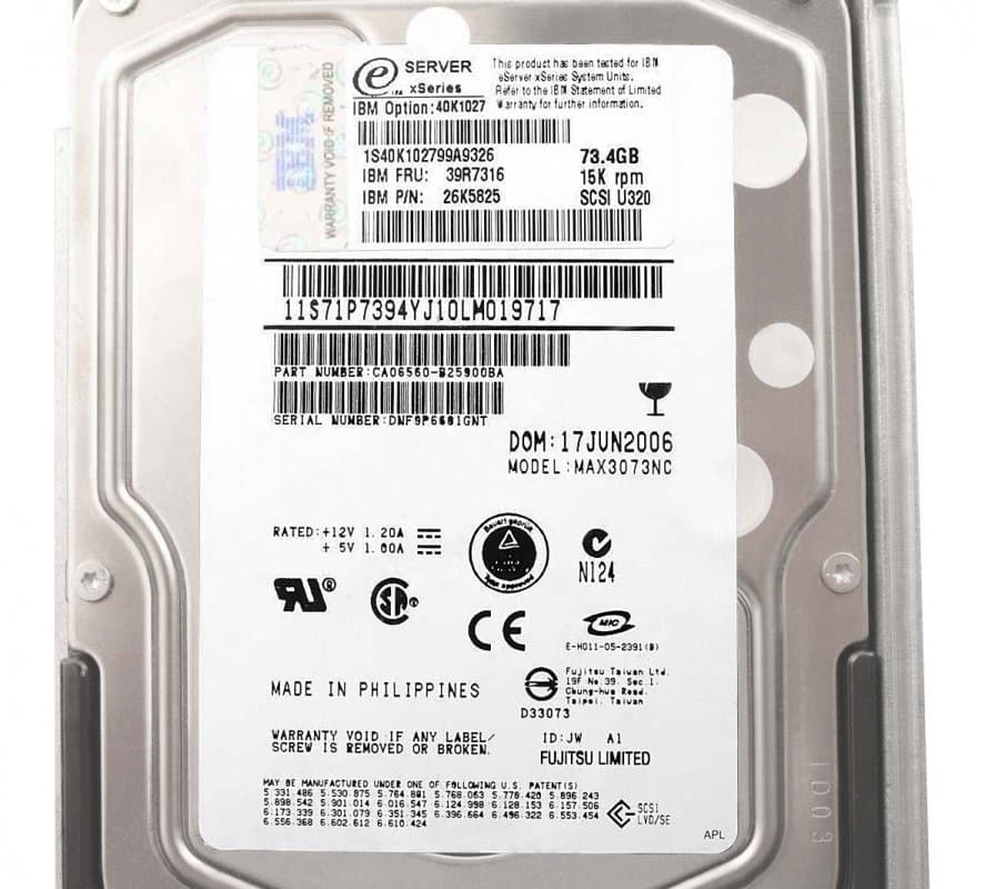 Жесткий диск  IBM 73,4Gb 15000 U320SCSI 3.5" HDD 40K1027