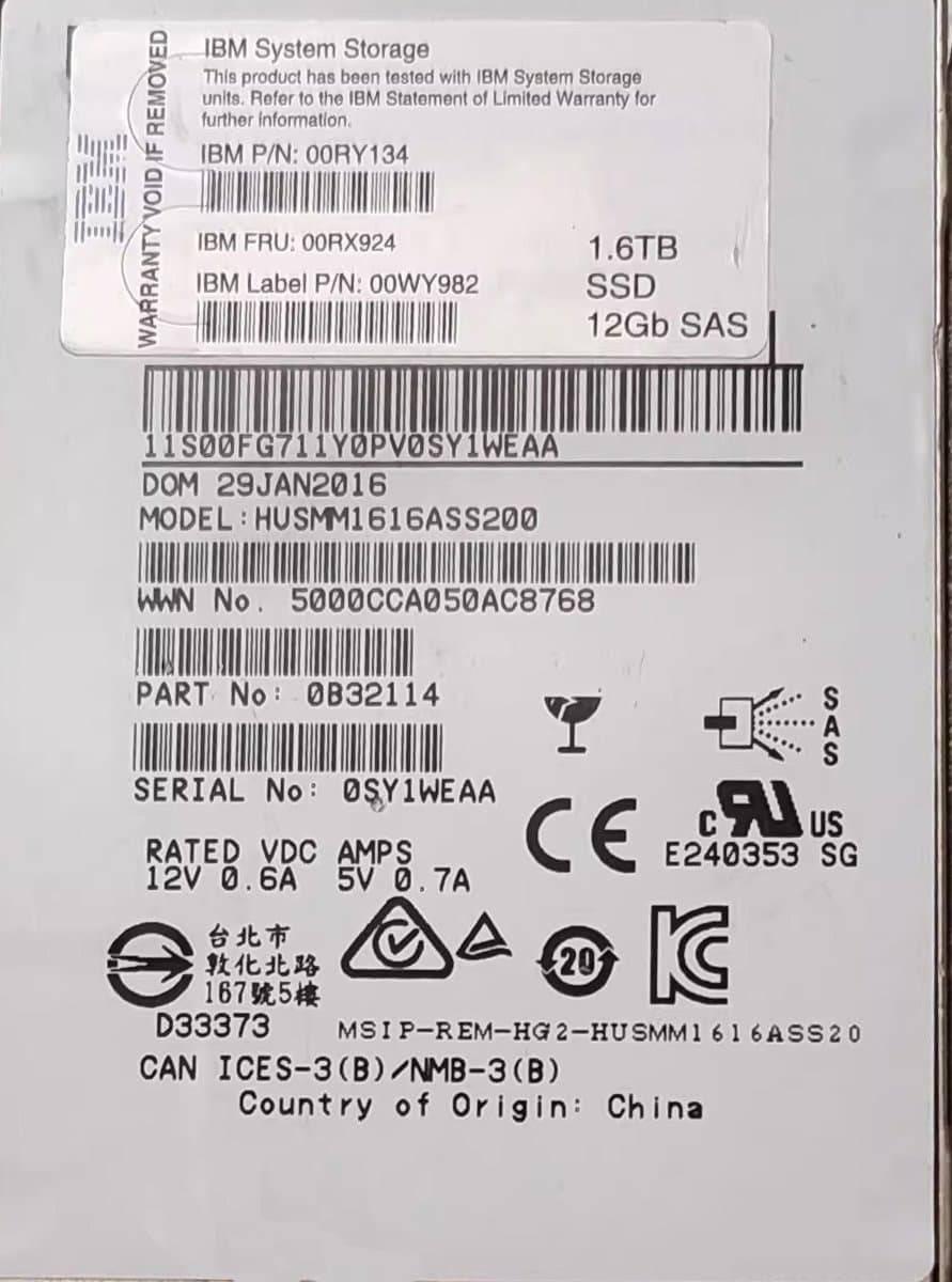 Жесткий диск IBM 1,6Tb  SAS 2.5" SSD 00RY134