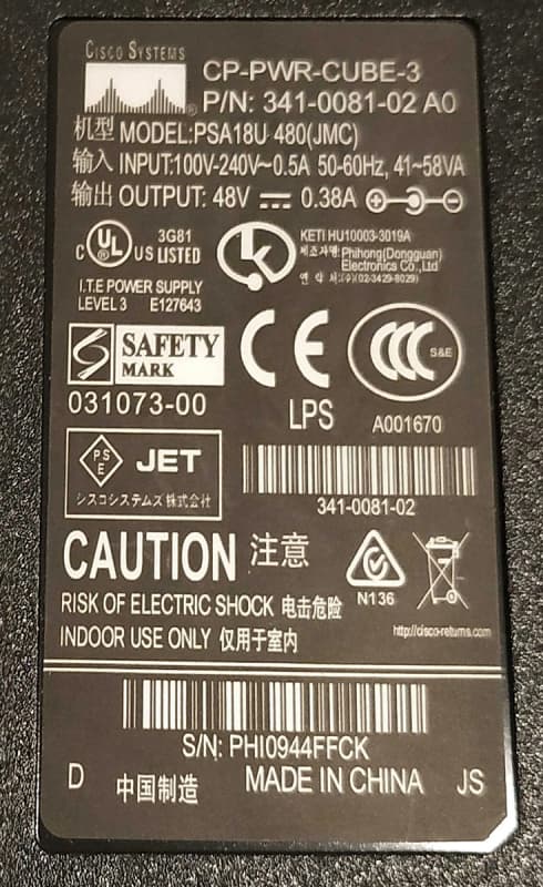 Блок Питания Cisco 341-0081-02 48V 0,38A 18W