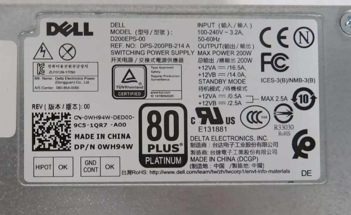 Блок питания Dell WH94W 200W