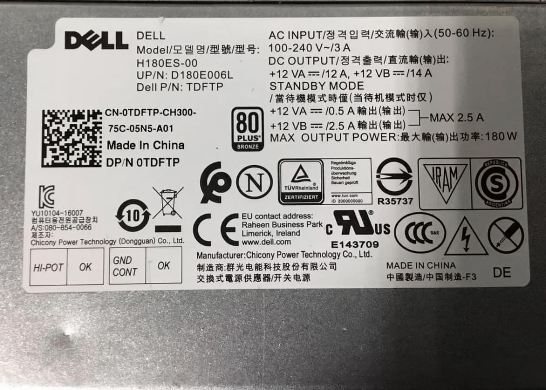 Блок Питания Dell 0TDFTP 180W