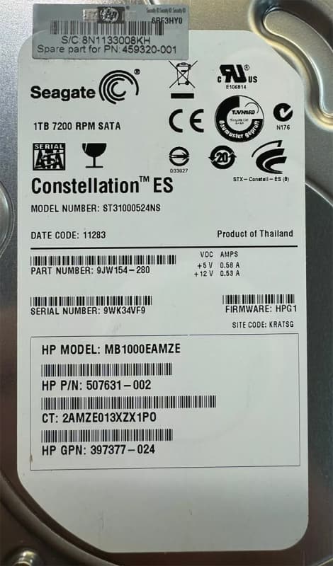 Жесткий диск HP 507631-002 1Tb  SATAII 3,5" HDD