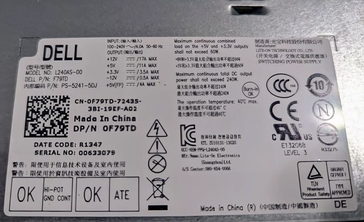 Блок Питания Dell 0F79TD 240W