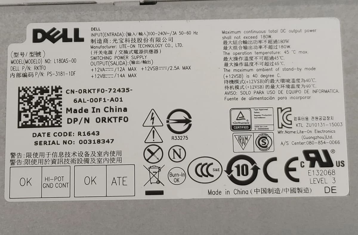 Блок питания Dell RKTF0 180W