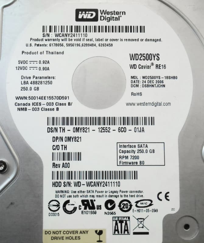 Жесткий диск Dell WD2500YS-18SHB0 250Gb SATAII 3,5" HDD