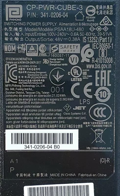 Блок Питания Cisco PSAA18U-480 48V 0,38A 18W