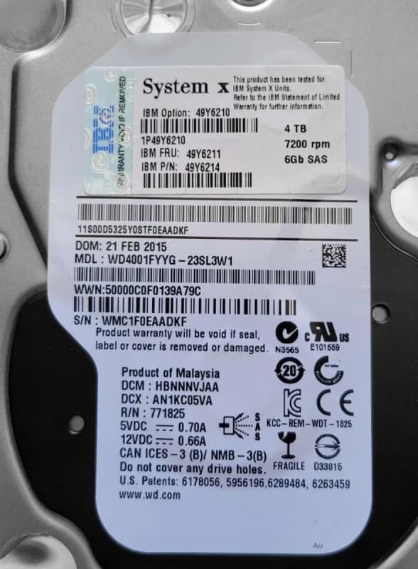 Жесткий диск IBM WD4001FYYG-23SL3W1 4TB SAS 3,5" HDD