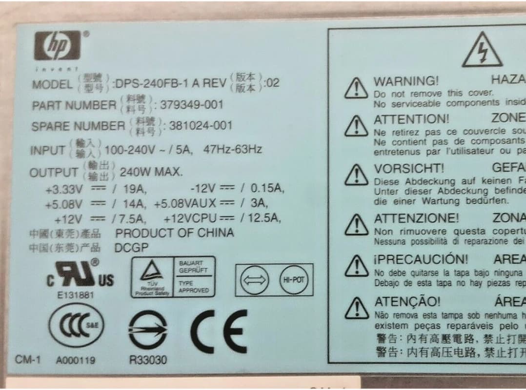 Блок Питания HP DPS-240FB-1 A 240W