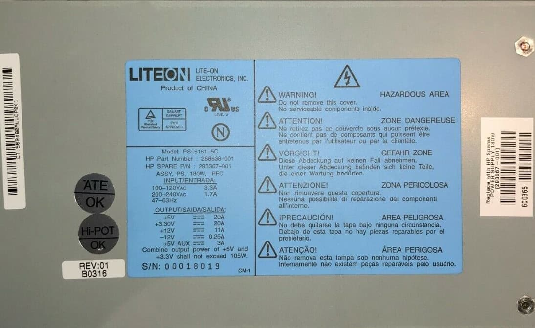 Блок Питания HP 293367-001 180W