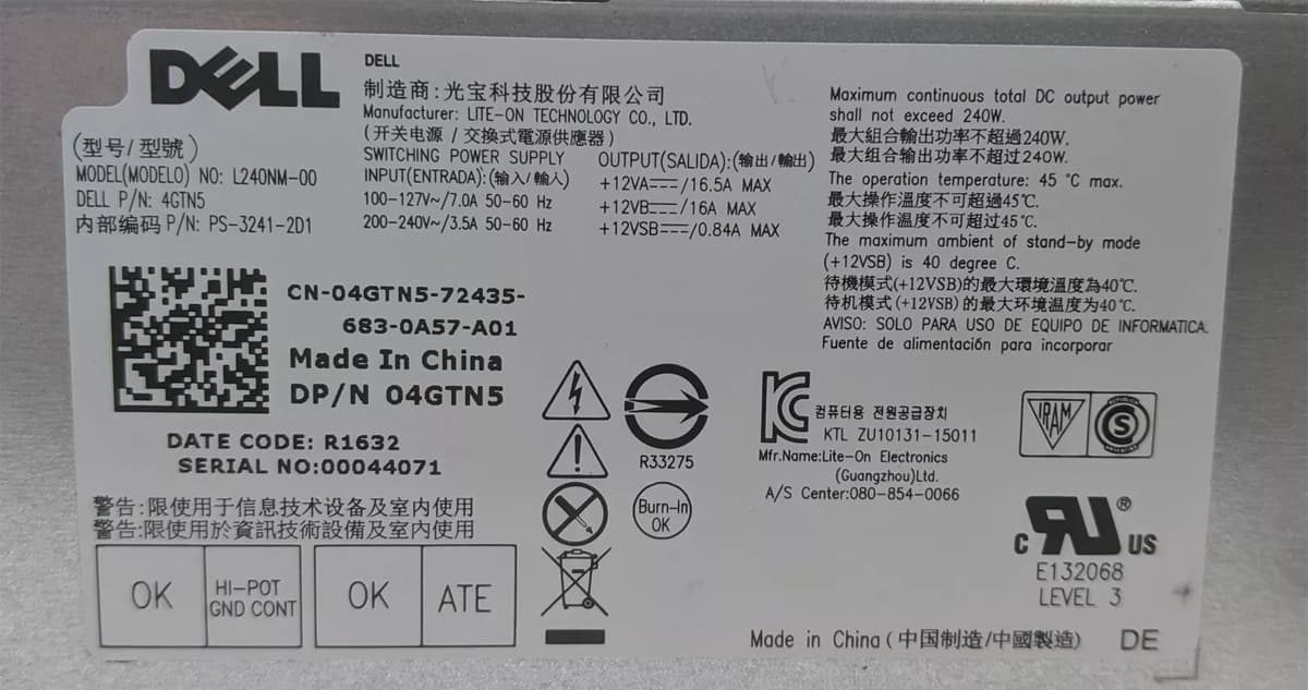 Блок Питания Dell 4GTN5 240W