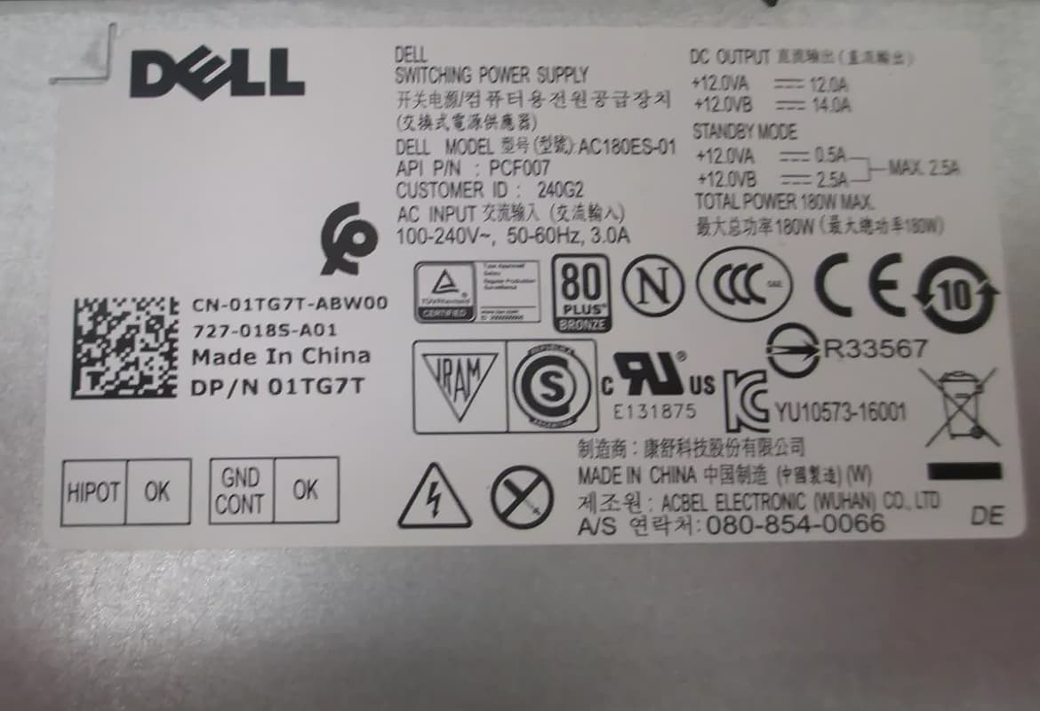 Блок Питания Dell 01TG7T 180W