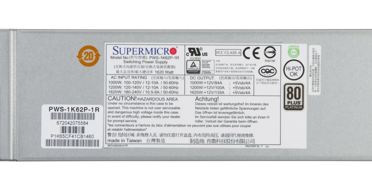 Резервный Блок Питания SuperMicro PWS-1K62P-1R 1620W
