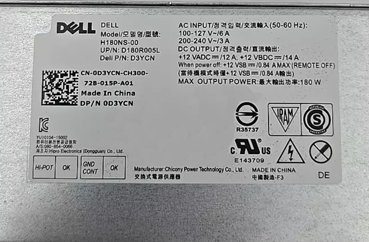 Блок питания Dell 0D3YCN 180W