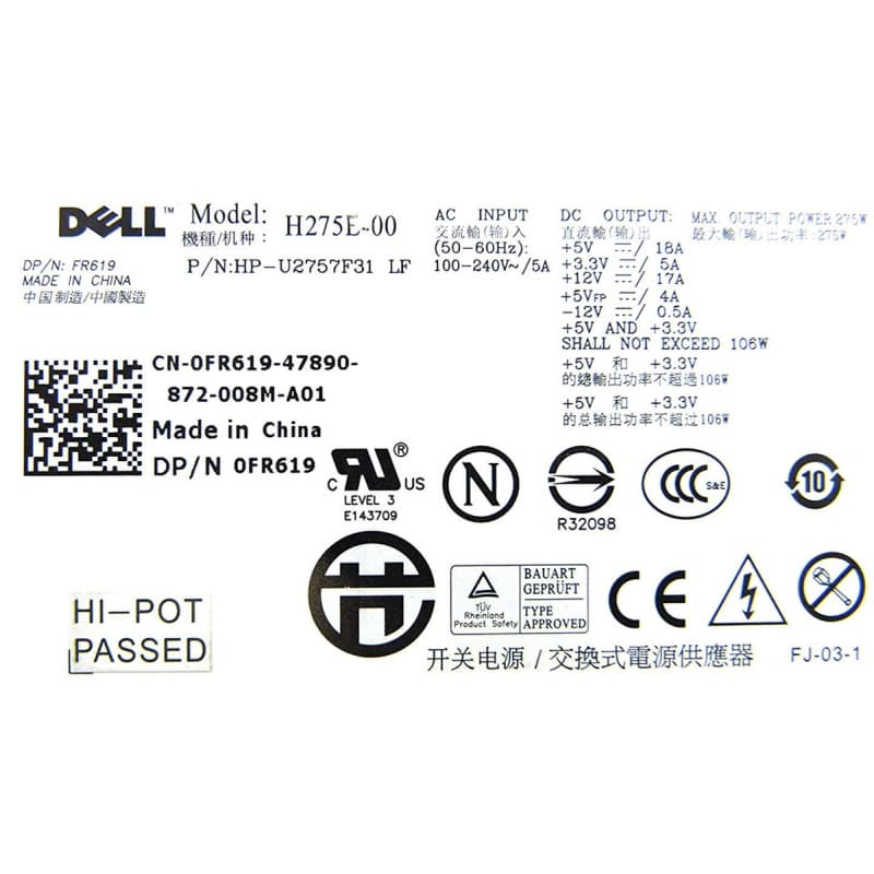 Блок Питания Dell FR619 275W