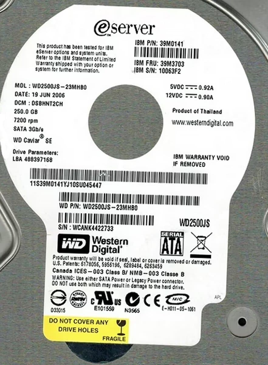 Жесткий диск IBM 250Gb 7200 SATAII 3.5" HDD WD2500JS-23MHB0