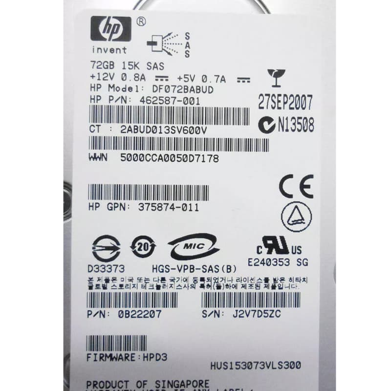 Жесткий диск HP 0B22207 72Gb  SAS 3,5" HDD