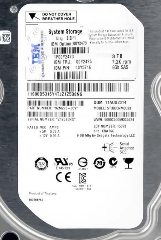 Жесткий диск IBM 00Y2425 3Tb 7200 SAS 3,5" HDD
