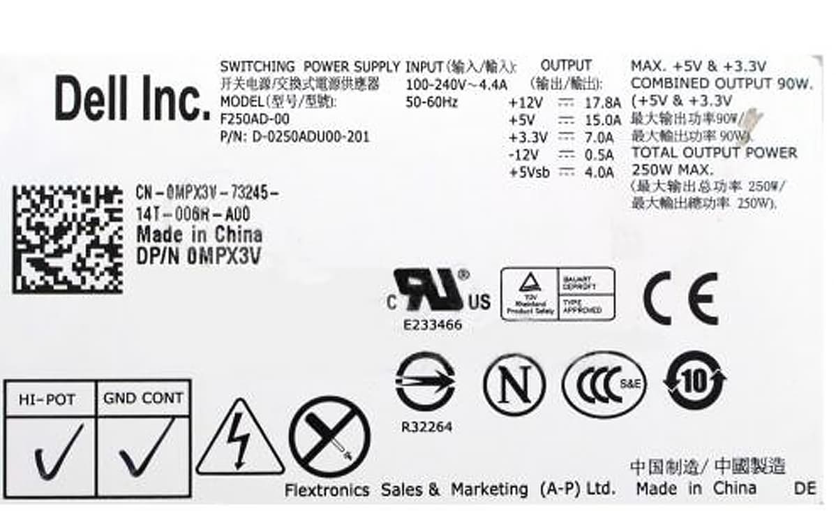 Блок Питания Dell MPX3V 250W