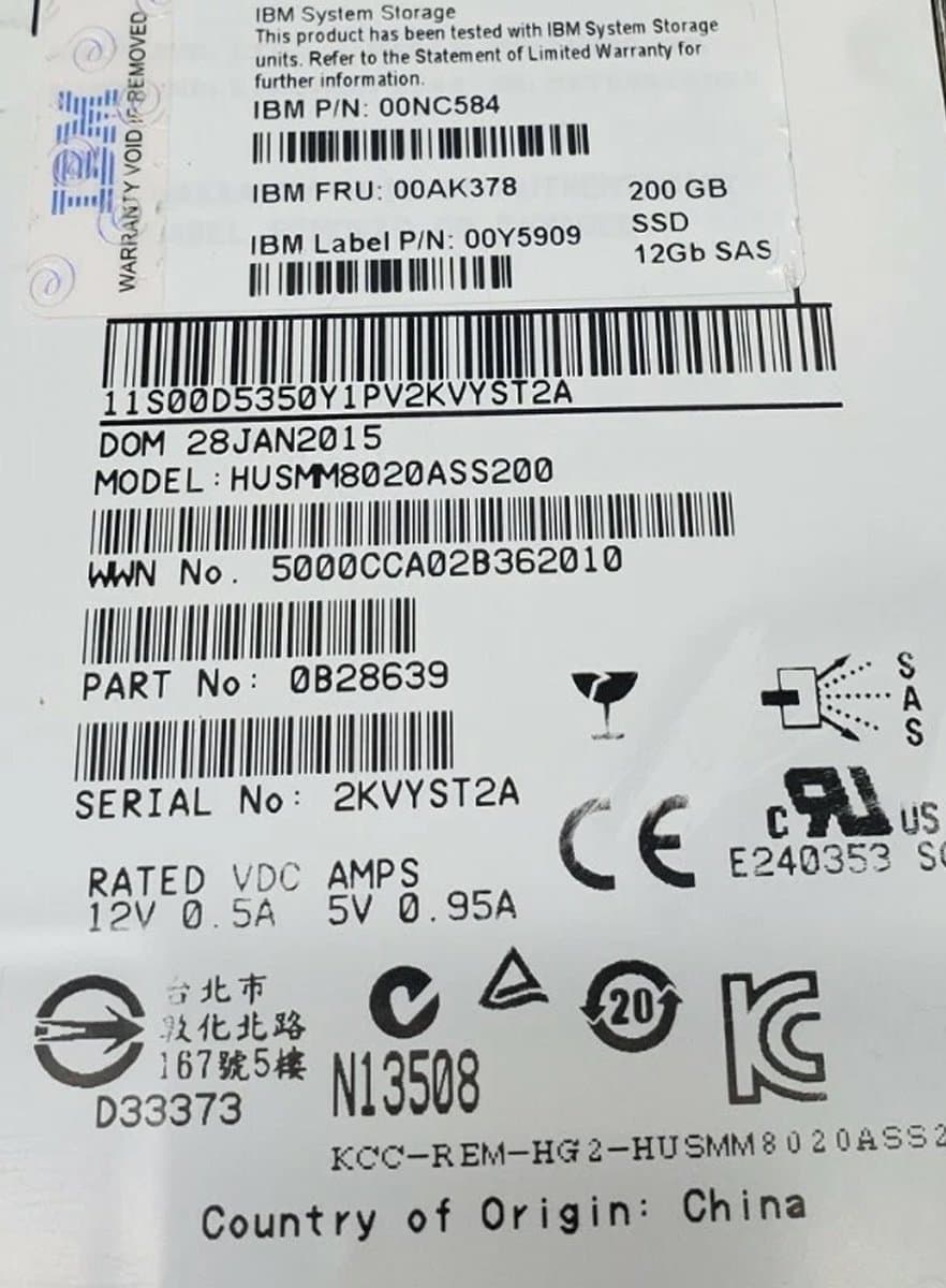Жесткий диск IBM 200Gb  SAS 2.5" SSD 00AK378