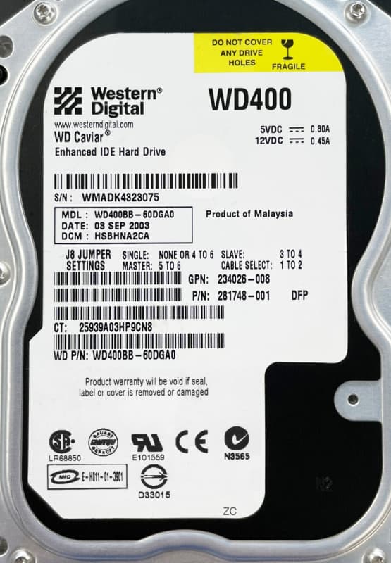 Жесткий диск Western Digital WD400BB-60DGA0 40Gb IDE 3,5" HDD