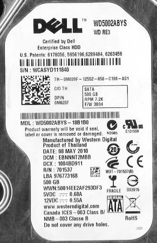 Жесткий диск Dell M020F 500Gb  SATAII 3,5" HDD