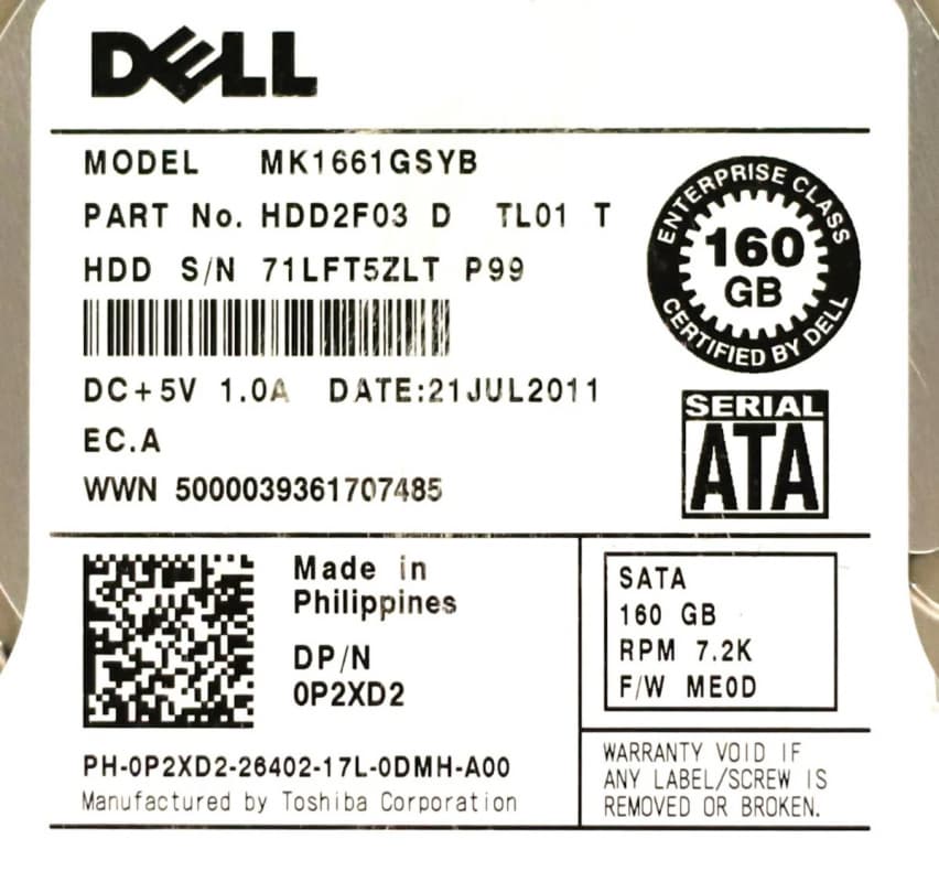 Жесткий Диск Dell 0P2XD2 160GB SATAII 2.5" HDD