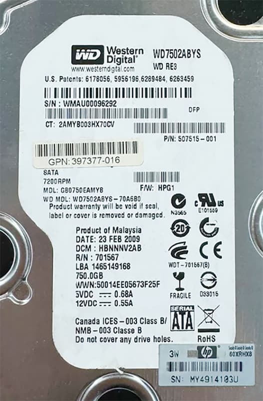 Жесткий диск HP GB0750EAMYB 750Gb  SATAII 3,5" HDD