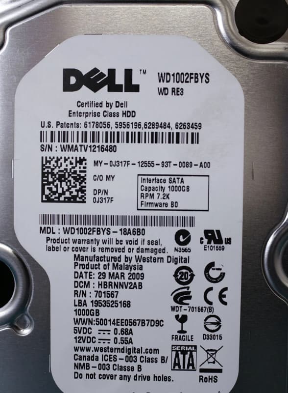 Жесткий диск Dell WD1002FBYS-18A6B0 1Tb SATAII 3,5" HDD
