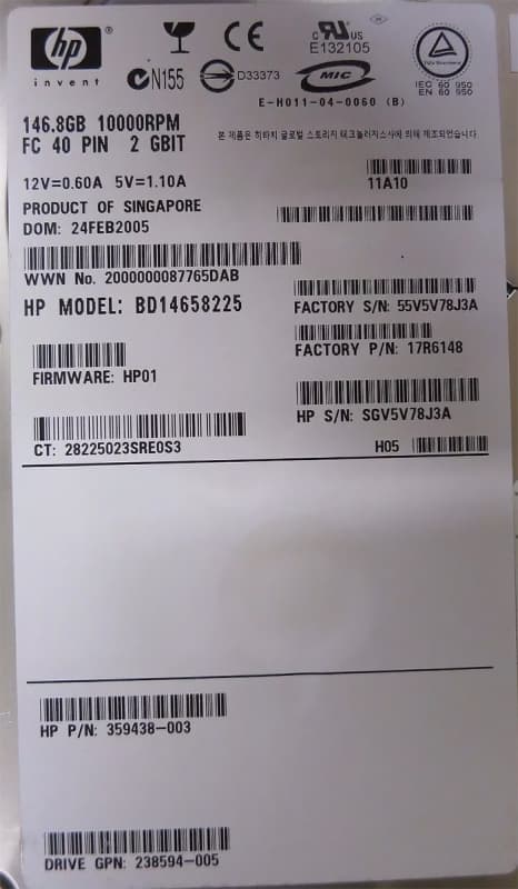 Жесткий диск HP 238594-005 146,8Gb  Fibre Channel  3,5" HDD