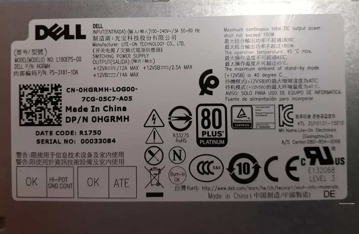 Блок питания Dell HGRMH 180W