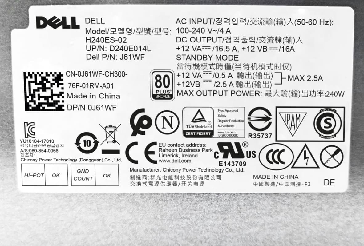 Блок Питания Dell 0J61WF 240W