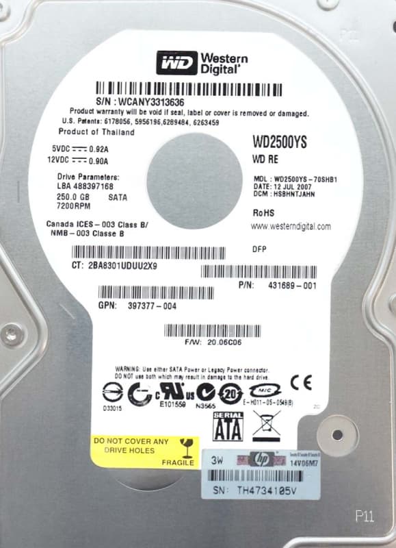 Жесткий диск HP WD2500YS-70SHB1 250Gb  SATAI 3,5" HDD