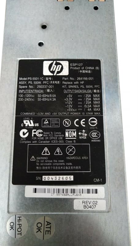 Резервный Блок Питания HP 264166-001 500W