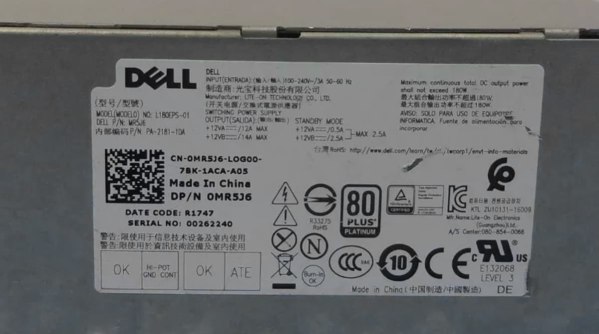 Блок Питания Dell MR5J6 180W