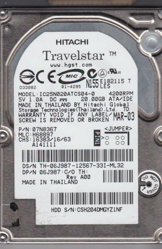 Жесткий диск Hitachi 07N8367 20Gb 4200 IDE 2,5" HDD