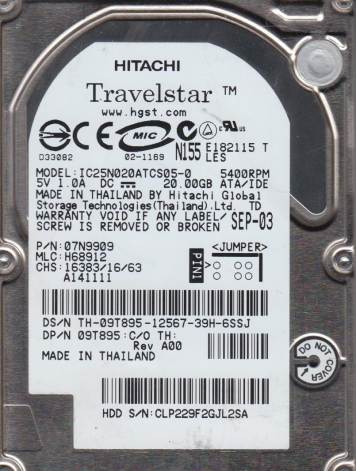 Жесткий диск Hitachi IC25N020ATCS05-0 20Gb 4200 IDE 2,5" HDD