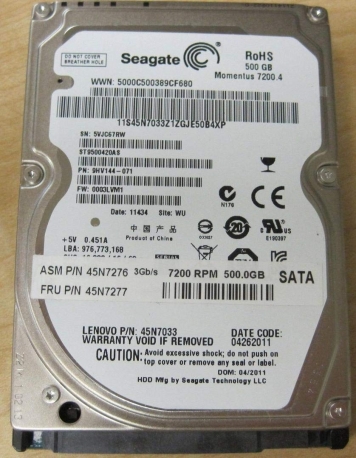 Жесткий диск Seagate 45N7277 500Gb 7200 SATAII 2,5" HDD