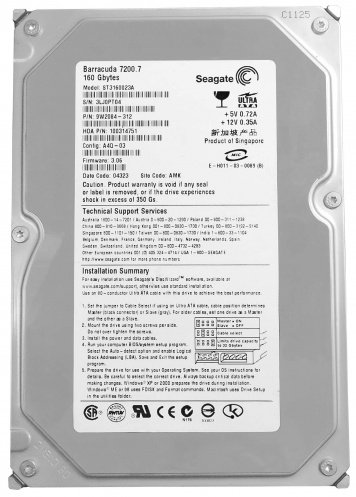 Жесткий диск Seagate ST3160023A 160Gb 7200 IDE 3.5" HDD