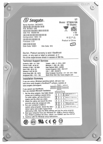 Жесткий диск Seagate ST360012A 60Gb 5400 IDE 3.5" HDD