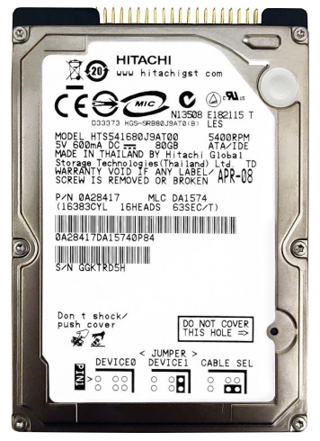 Жесткий диск Hitachi HTS541680J9AT00 80Gb 5400 IDE 2,5" HDD